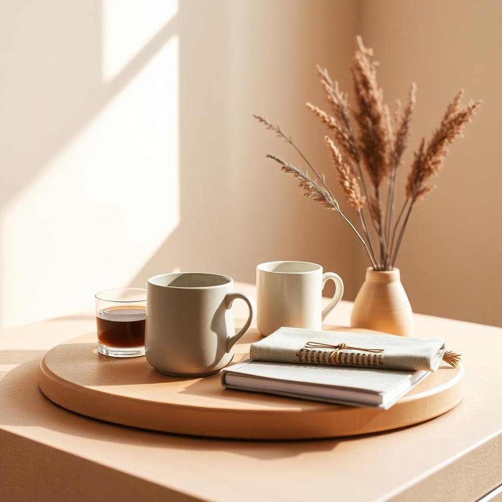 A quiet table arrangement with ceramic mugs, a linen-bound journal and dried grasses in warm window light.